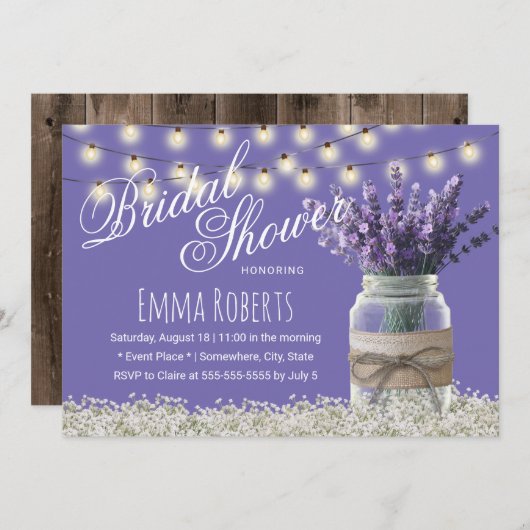 ラベンダーフエレガントァワーズメイソンジャーブライダルシャワー 招待状 (正面/裏面)