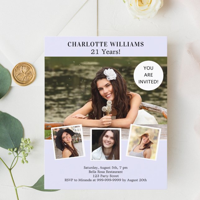 ラベンダーフォトコラージュの誕生日の招待状 (クリエイターアップロード済み)