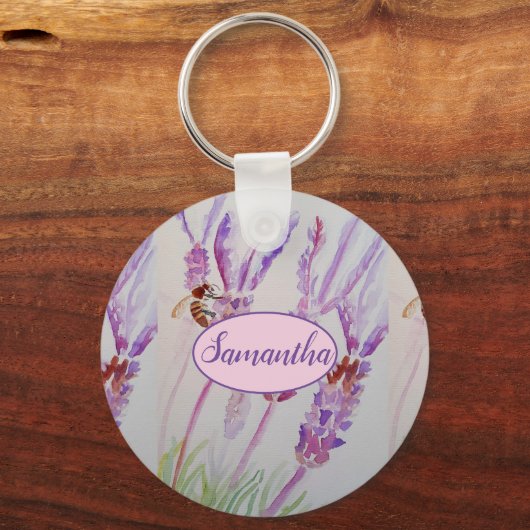ラベンダーフラワーとビー水彩誕生日マグカップ キーホルダー (正面)