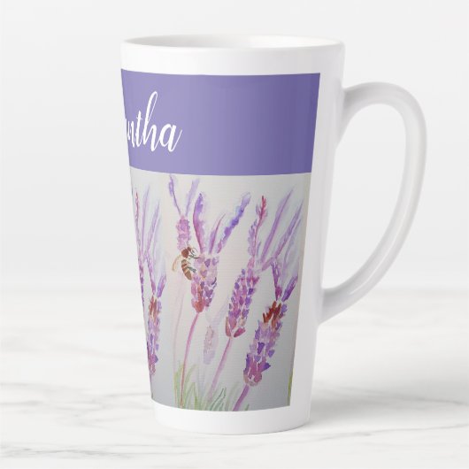 ラベンダーフラワーアンドビーウォーターカラー誕生日 カフェラテマグ (右)