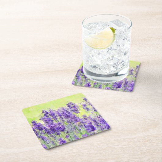 ラベンダーフラワーイエローウォーターカラーフローラ スクエアペーパーコースター (インサイチュ)