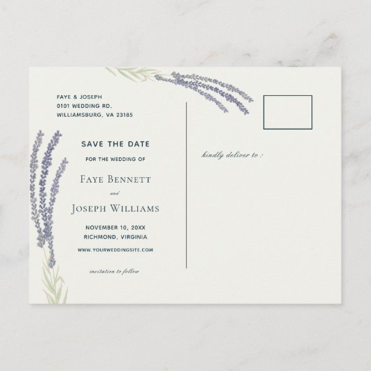 ラベンダーフラワーウォーターカラーイエローザデーを保存 案内ポストカード (裏面)