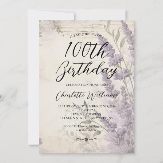 ラベンダーフラワーズウィメンズ100誕生日 招待状 (正面)
