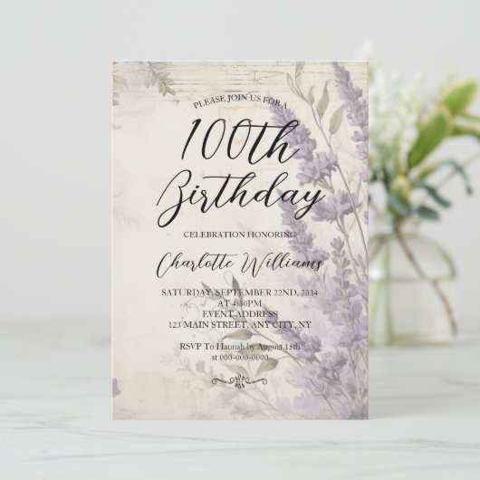 ラベンダーフラワーズウィメンズ100誕生日 招待状 (スタンド正面)