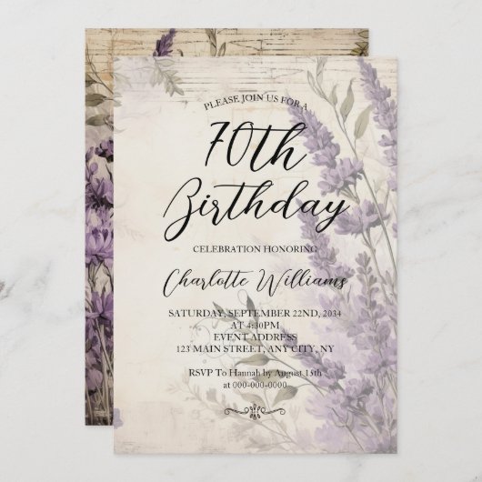 ラベンダーフラワーズウィメンズ70誕生日 招待状 (正面/裏面)