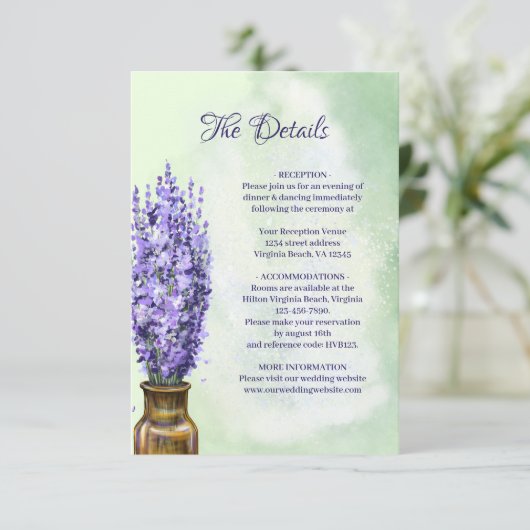 ラベンダーフラワーズセージグリーン結婚フローラ詳細 エンクロージャーカード (スタンド正面)