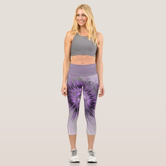 ラベンダーフラワードリームモダン抽象芸術フラクタル カプリレギンス (正面)