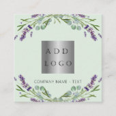 ラベンダーフラワーバイオレットグリーンロゴQRコード スクエア名刺 (正面)