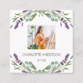 ラベンダーフラワーバイオレット写真QRコード スクエア名刺 (正面)