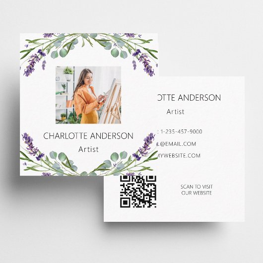 ラベンダーフラワーバイオレット写真QRコード スクエア名刺