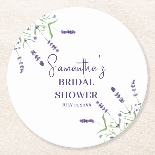 ラベンダーフラワーパープルウォーターブライダルシャワー ラウンドペーパーコースター (正面)