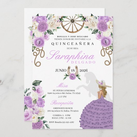 ラベンダーフラワーブーツ&ロープウェスタンキンセアニラ 招待状 (正面/裏面)