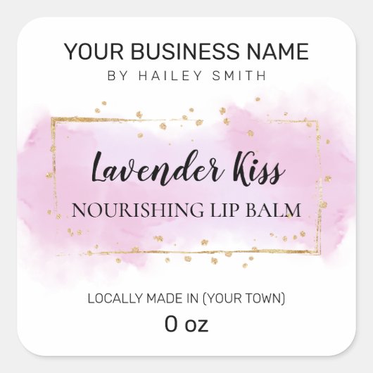 ラベンダーフレーバーパープルおよび金ゴールドリップバーム スクエアシール (正面)