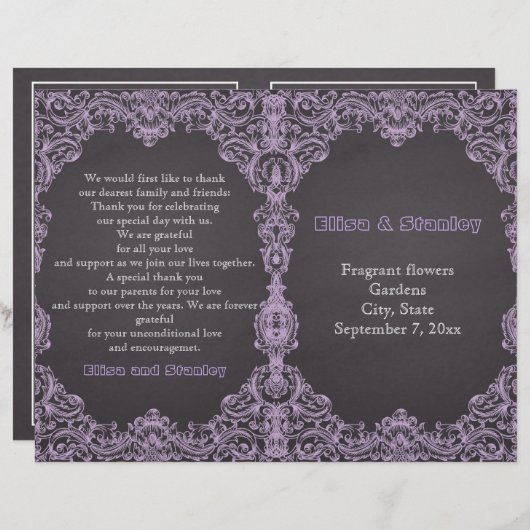 ラベンダーフレーム、黒板折りウェディングプログラム (正面/裏面)