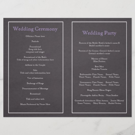 ラベンダーフレーム、黒板折りウェディングプログラム (裏面)