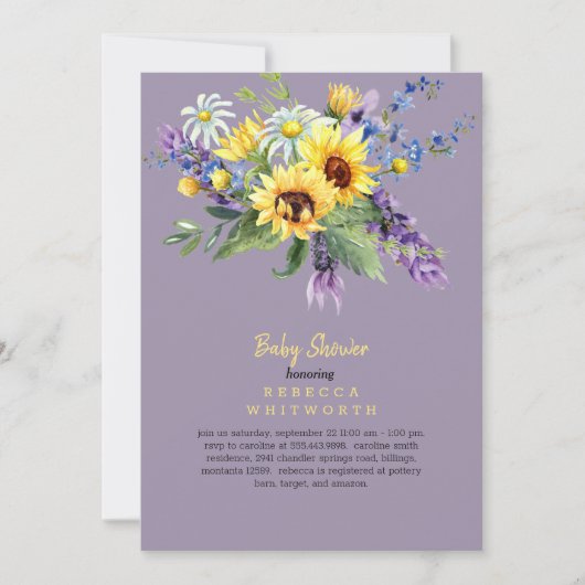 ラベンダーフローラひまわり一人用ベビーシャワー 招待状 (正面)
