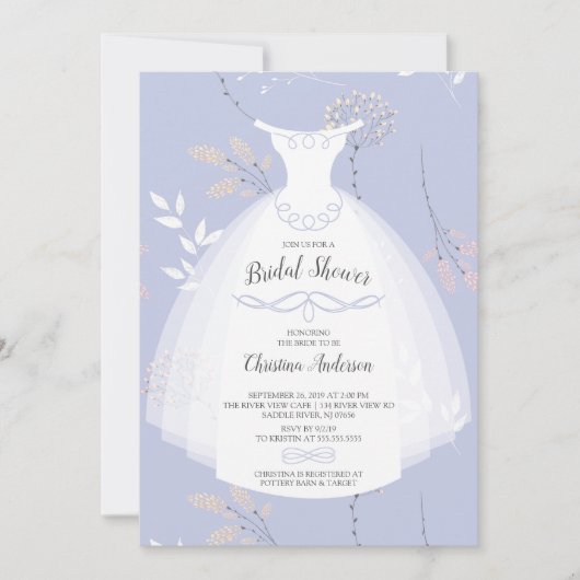 ラベンダーフローラエレガンスブライドガウンブライダルシャワー 招待状 (正面)