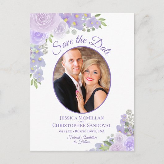 ラベンダーフローラオーバルフォトウェディング日付を保存 案内ポストカード (正面)