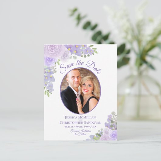 ラベンダーフローラオーバルフォトウェディング日付を保存 案内ポストカード (スタンド正面)