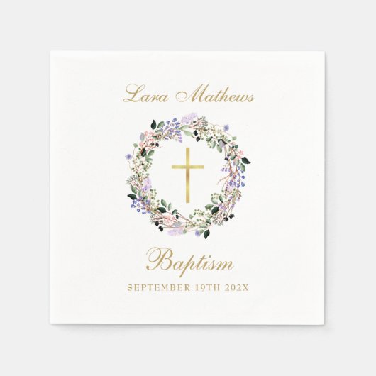 ラベンダーフローラガーランド金ゴールドバプテスマ《キリスト教》洗礼式や命名式 スタンダードカクテルナプキン (正面)