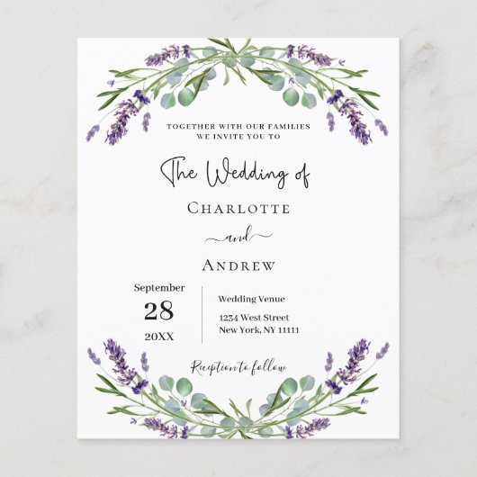 ラベンダーフローラグリーン予算結婚式招待状 (正面)