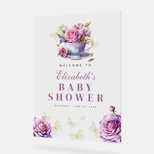 ラベンダーフローラティーカップ赤ちゃんシャワーへようこそ アクリルサイン (傾斜)