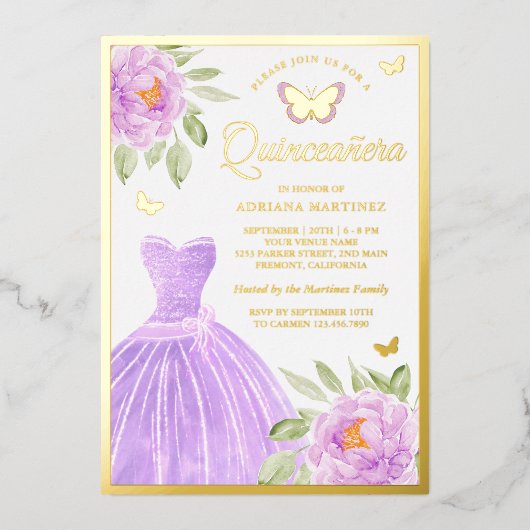 ラベンダーフローラドレスバタフライキンセアニェラ金ゴールド 箔招待状 (正面)