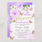 ラベンダーフローラバタフライベビーシャワースペインのイン 招待状 (正面/裏面)