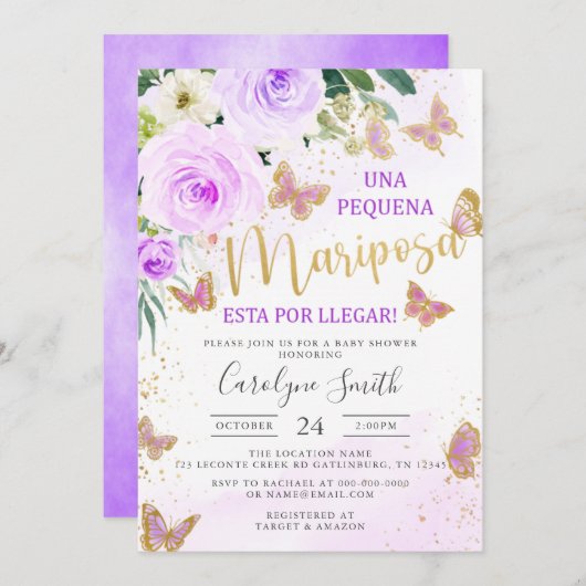 ラベンダーフローラバタフライベビーシャワースペインのイン 招待状 (正面/裏面)