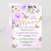 ラベンダーフローラバタフライベビーシャワー招待状ガール
