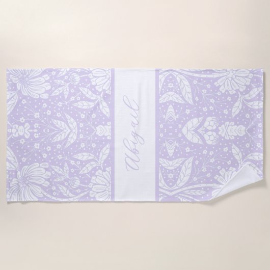 ラベンダーフローラパーソナライズされたウィリアムモリススタイル ビーチタオル (正面)