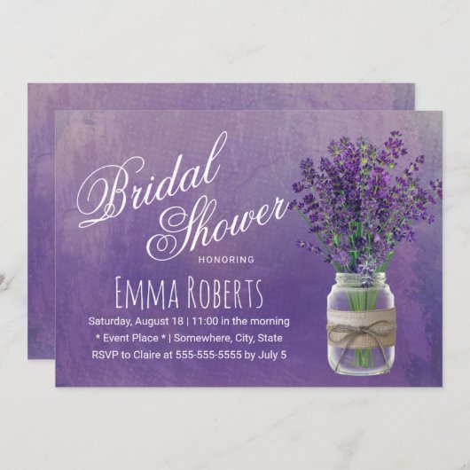 ラベンダーフローラメイスンジャール水彩ブライダルシャワー 招待状 (正面/裏面)