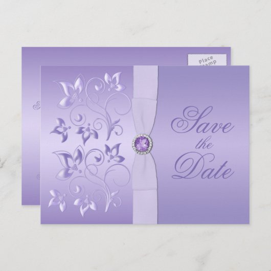 ラベンダーフローラ宝石飾り日付はがきを保存 案内ポストカード (正面/裏面)