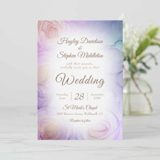 ラベンダーフローラ抽象芸術結婚式招待状 招待状 (スタンド正面)