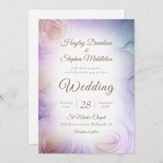 ラベンダーフローラ抽象芸術結婚式招待状 招待状 (正面/裏面)