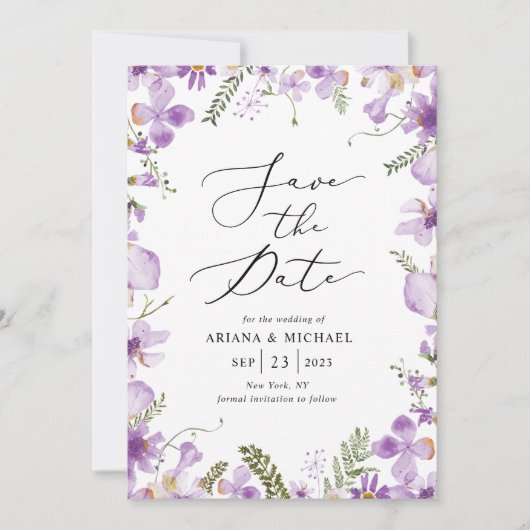 ラベンダーフローラ日付のフォトカードを保存 招待状 (正面)