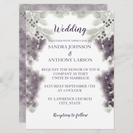 ラベンダーフローラ水彩結婚式招待状 招待状 (正面/裏面)