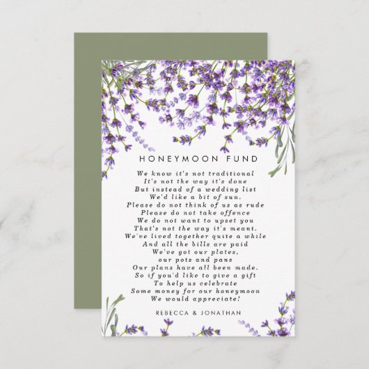 ラベンダーフローラ結婚のハネムーンのファンドカード エンクロージャーカード (正面/裏面)