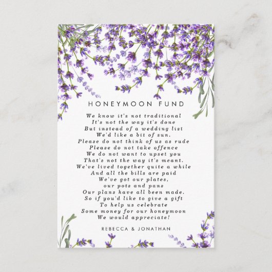 ラベンダーフローラ結婚のハネムーンのファンドカード エンクロージャーカード (正面)