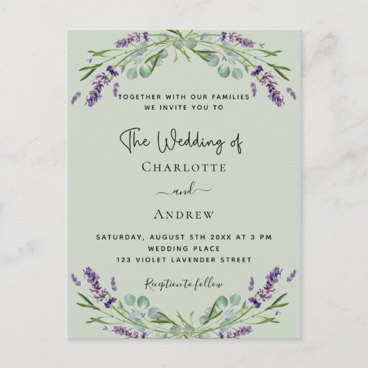 ラベンダーフローラ緑化セージ緑結婚QR インビテーションポストカード (正面)