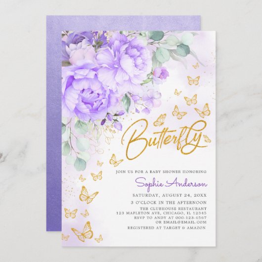 ラベンダーフローラ金ゴールドグリッターバタフライベビーシャワー 招待状 (正面/裏面)