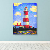 ラベンダーフ赤と白ィールドの上のライトハウス キャンバスプリント (インサイチュ (ウッドフロア))