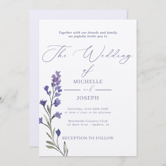 ラベンダーブリスエレガントウォーターカラー結婚ズ 招待状 (正面/裏面)