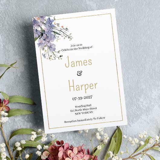 ラベンダーブルーの夏のヤマトフラワー結婚ズ 招待状