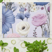 ラベンダーブルーエレガントホワイトフラワーガーデンフローラ キッチンタオル (折り畳み)