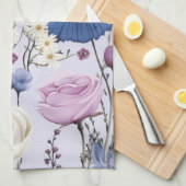 ラベンダーブルーエレガントホワイトフラワーガーデンフローラ キッチンタオル (四つ折り)