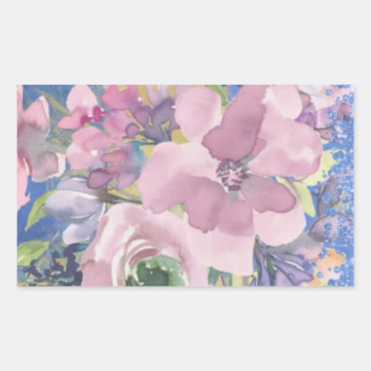 ラベンダーブルースウォーターカラーフローラグリッター 長方形シール (正面)