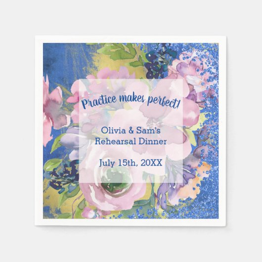 ラベンダーブルースウォーターカラーフローラリハーサルディナー スタンダードカクテルナプキン (正面)