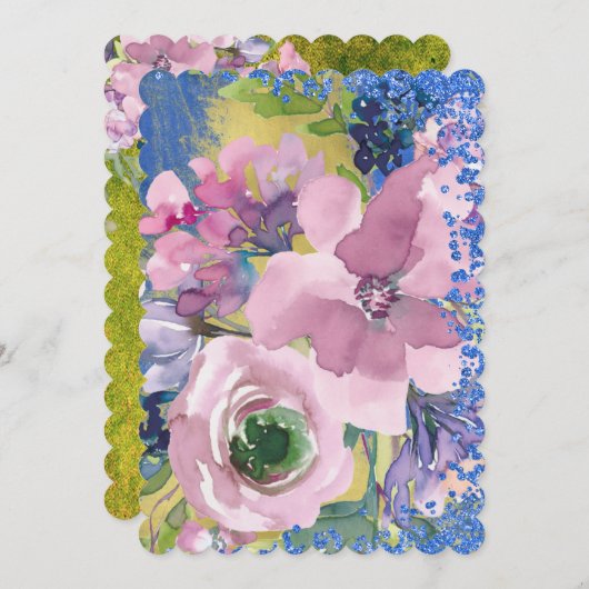 ラベンダーブルースウォーターカラーフローラ保存日 招待状 (正面/裏面)