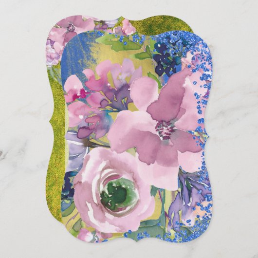 ラベンダーブルース水色フローラブライダルシャワー 招待状 (正面/裏面)